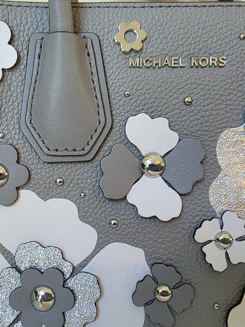 Michael Kors Mercer Floral Leather Crossbody Satchel Pearl Grey Limited Edition - Picture 4 of 13